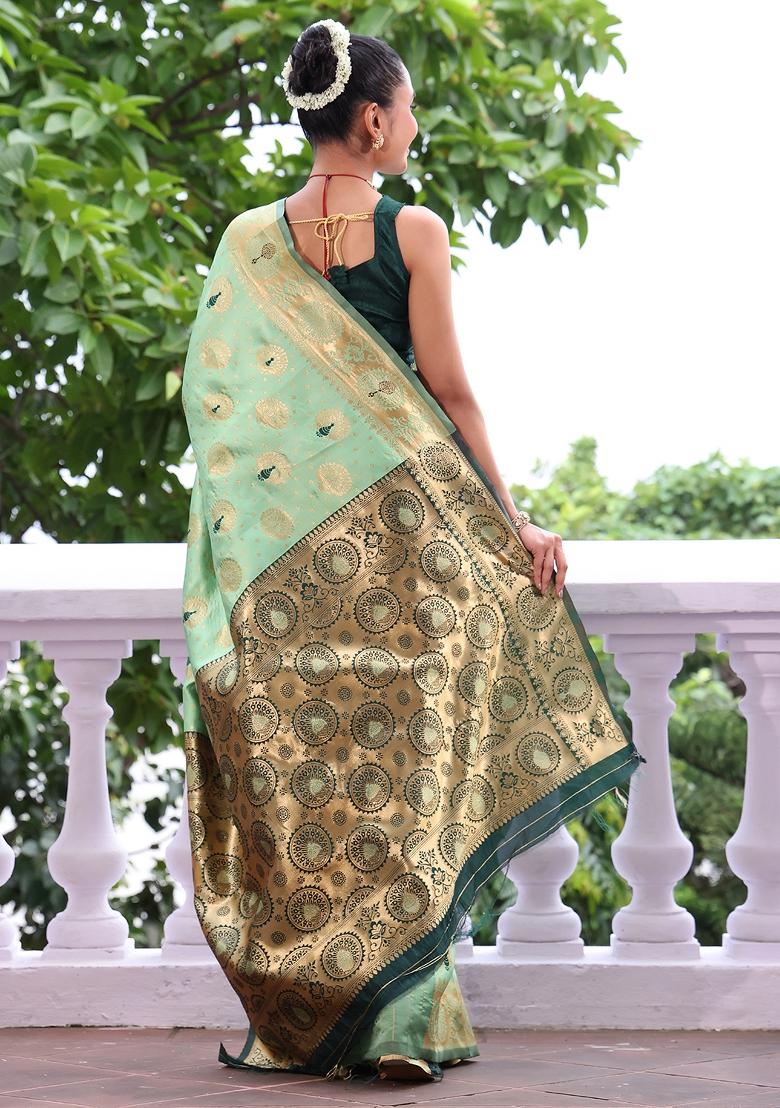 Green Solid Silk Blend Saree Set