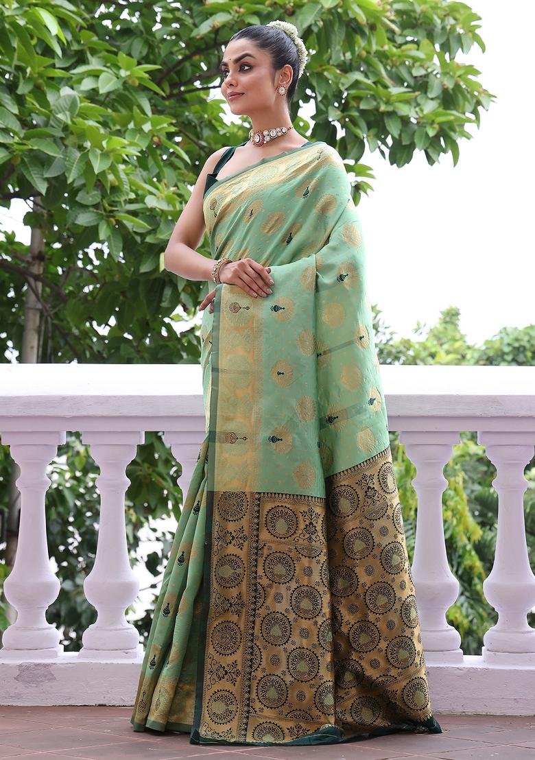 Green Solid Silk Blend Saree Set