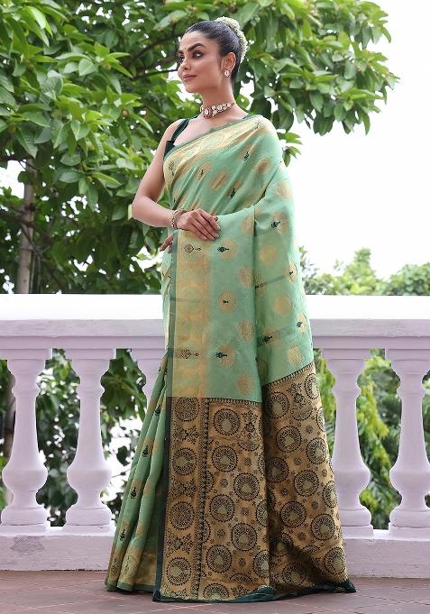 Green Solid Silk Blend Saree Set