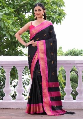 Black Solid Silk Blend Saree Set