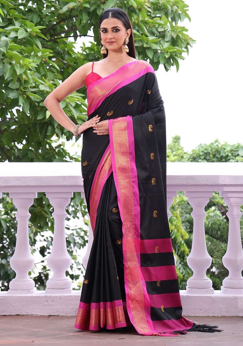 Black Solid Silk Blend Saree Set - Indya