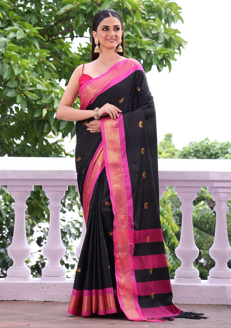 Black Solid Silk Blend Saree Set - Indya