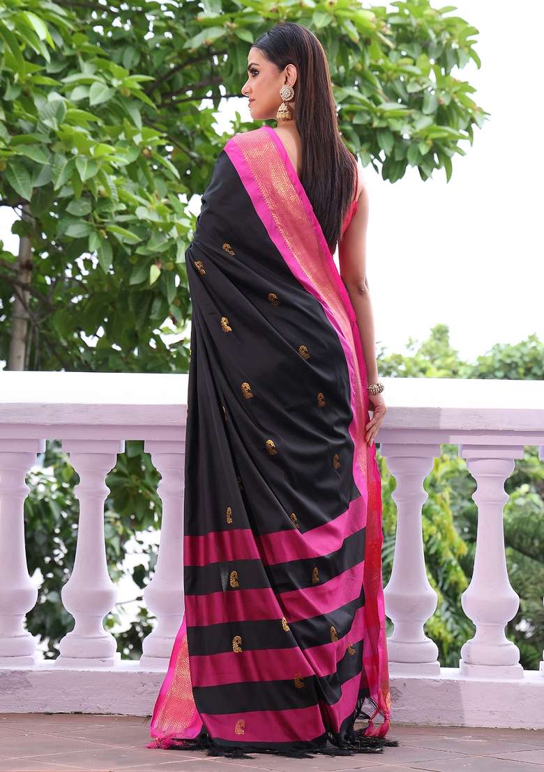 Black Solid Silk Blend Saree Set - Indya