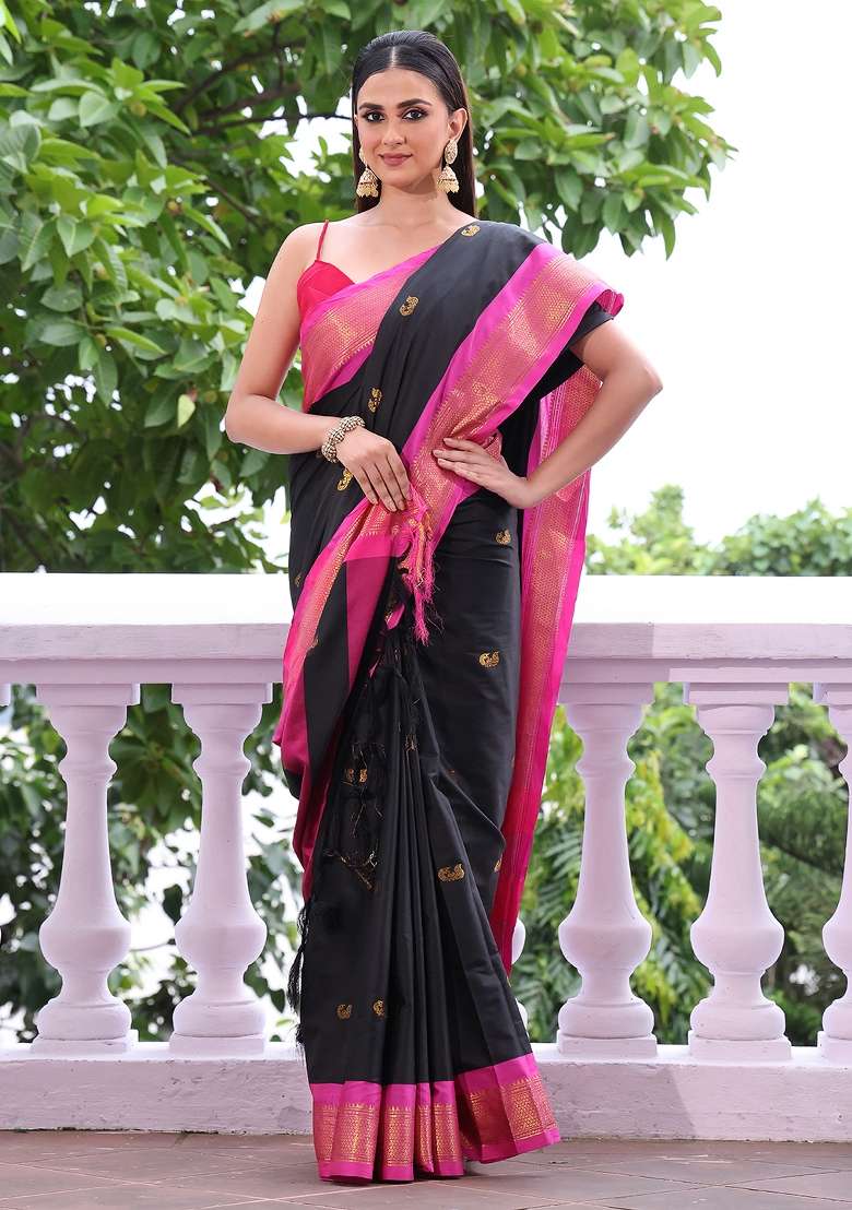 Black Solid Silk Blend Saree Set - Indya