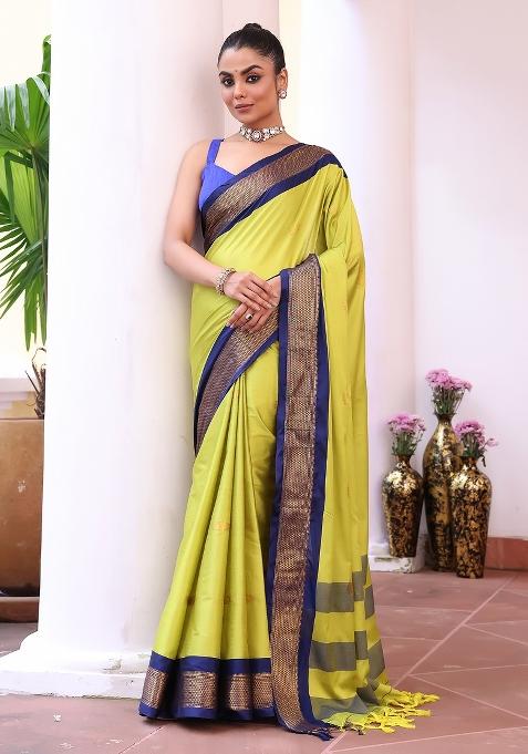 Green Solid Silk Blend Saree Set