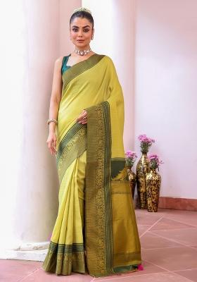 Green Solid Silk Blend Saree Set