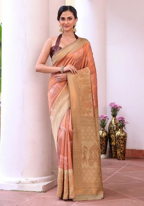 Peach Solid Silk Blend Saree Set