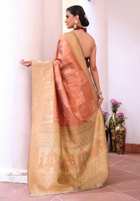Peach Solid Silk Blend Saree Set