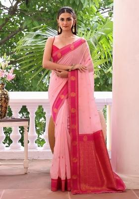 Pink Solid Silk Blend Saree Set