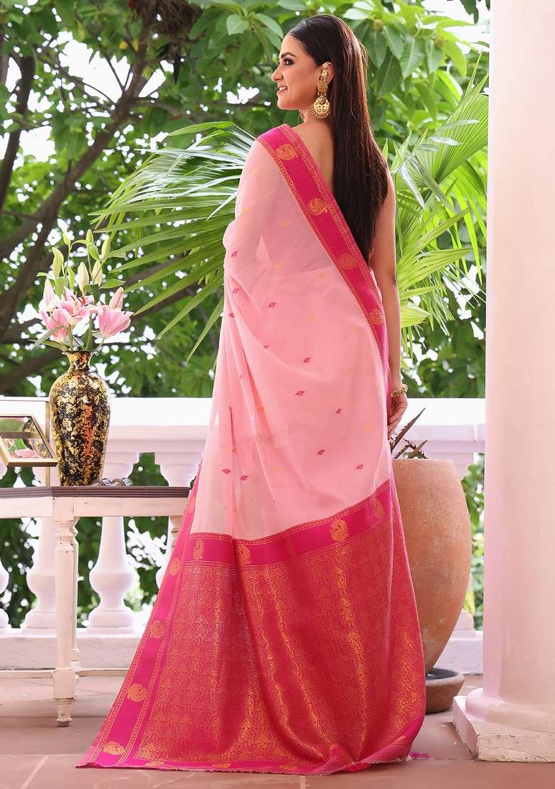 Pink Solid Silk Blend Saree Set - Indya
