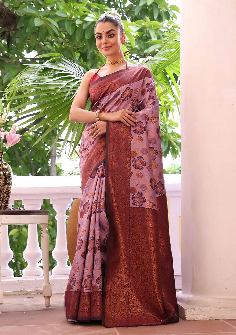 Purple Solid Silk Blend Saree Set - Indya
