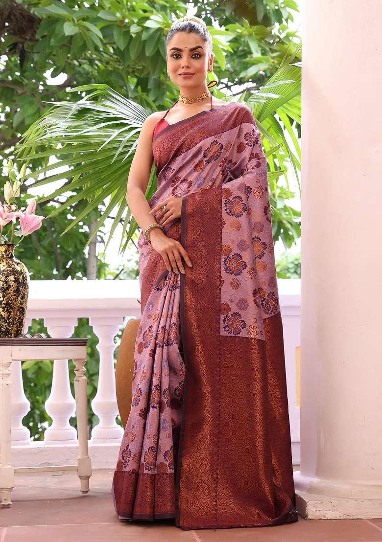 Purple Solid Silk Blend Saree Set - Indya