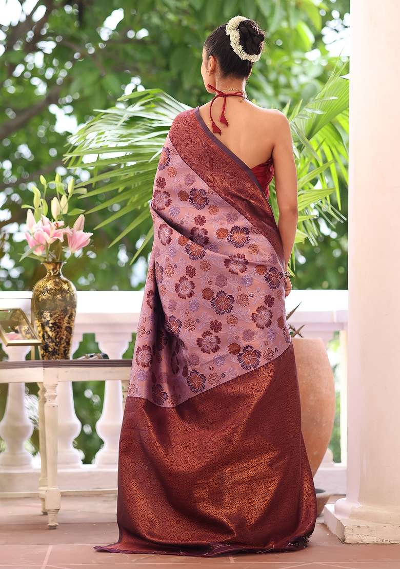 Purple Solid Silk Blend Saree Set - Indya