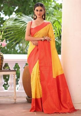 Red Solid Silk Blend Saree Set