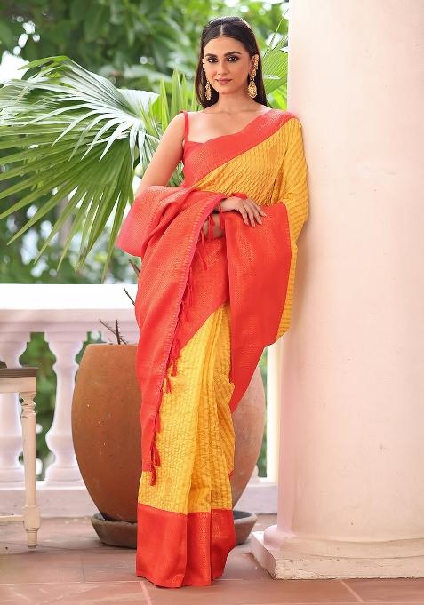 Red Solid Silk Blend Saree Set