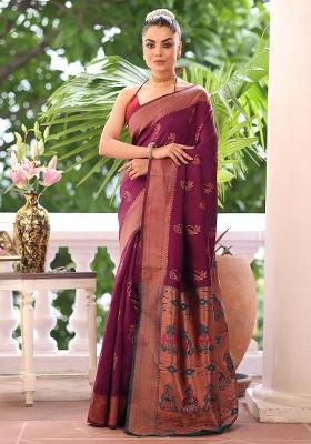 Purple Solid Silk Blend Saree Set