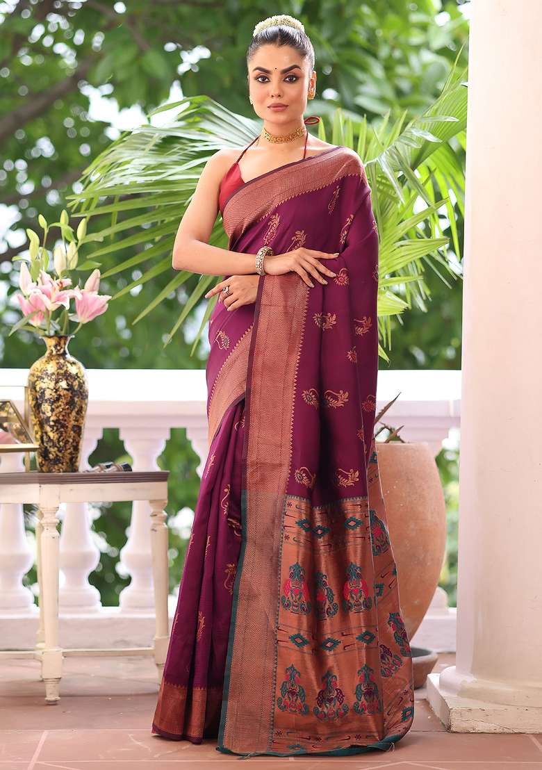 Purple Solid Silk Blend Saree Set - Indya