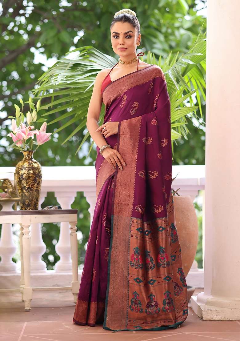 Purple Solid Silk Blend Saree Set - Indya