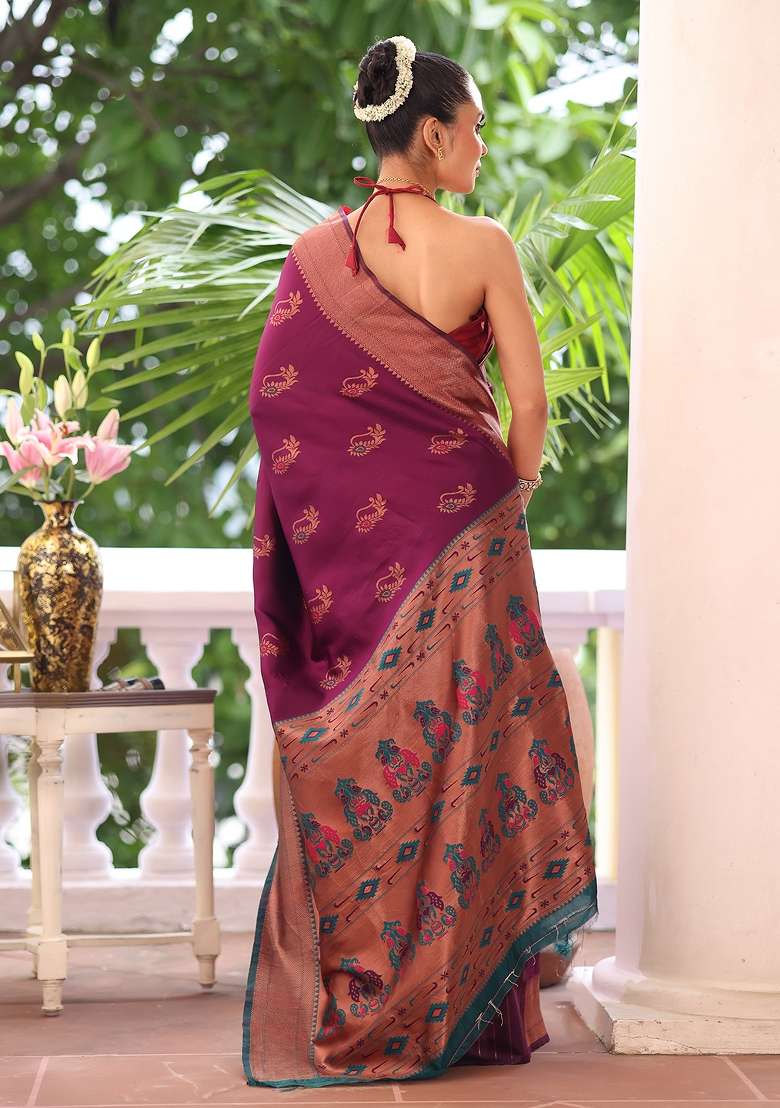 Purple Solid Silk Blend Saree Set - Indya