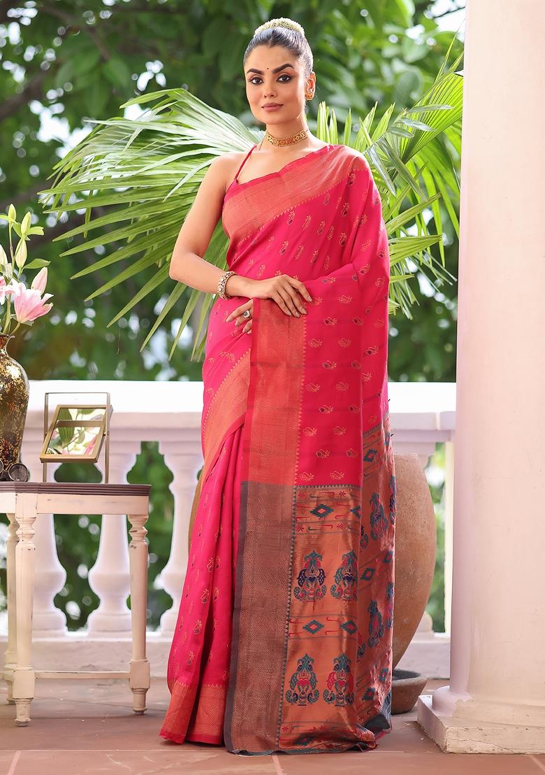 Pink Solid Silk Blend Saree Set