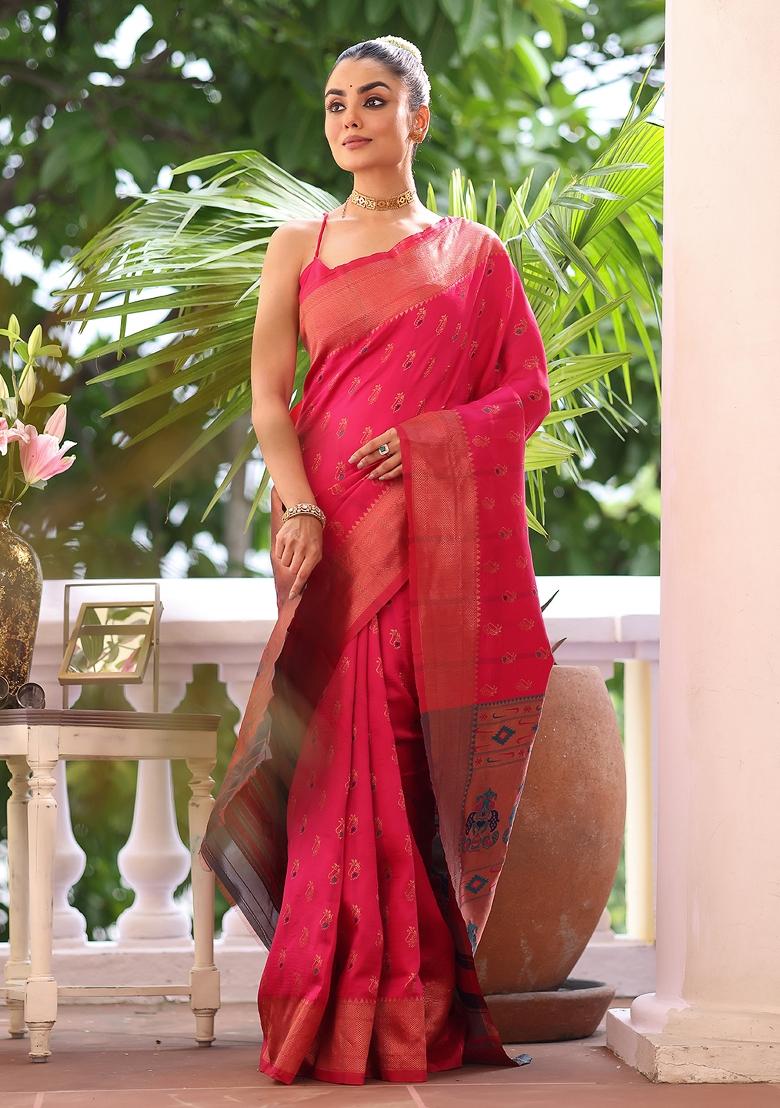 Pink Solid Silk Blend Saree Set