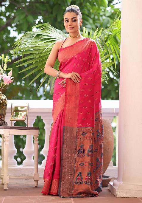 Pink Solid Silk Blend Saree Set