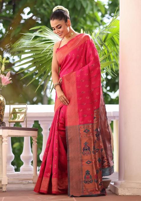 Pink Solid Silk Blend Saree Set