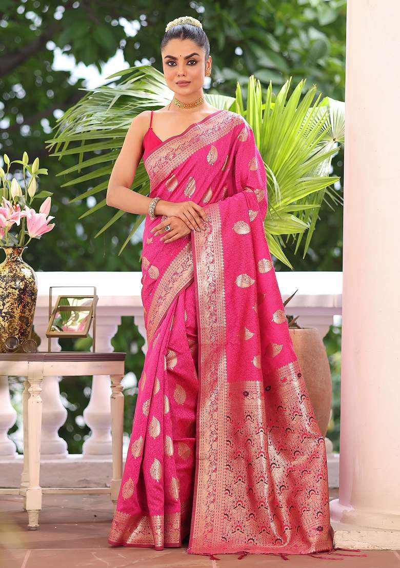 Pink Solid Silk Blend Saree Set - Indya