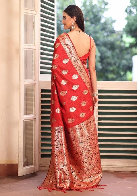 Red Solid Silk Blend Saree Set