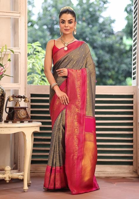 Grey Solid Silk Blend Saree Set