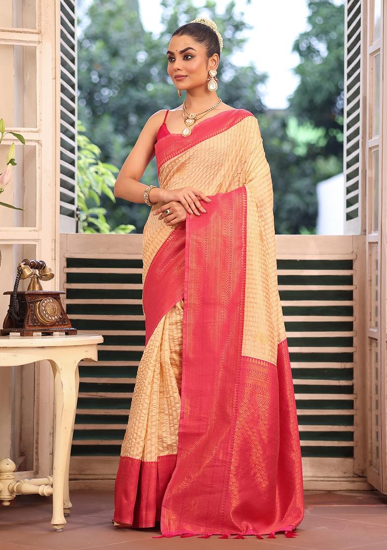 Red Solid Silk Blend Saree Set