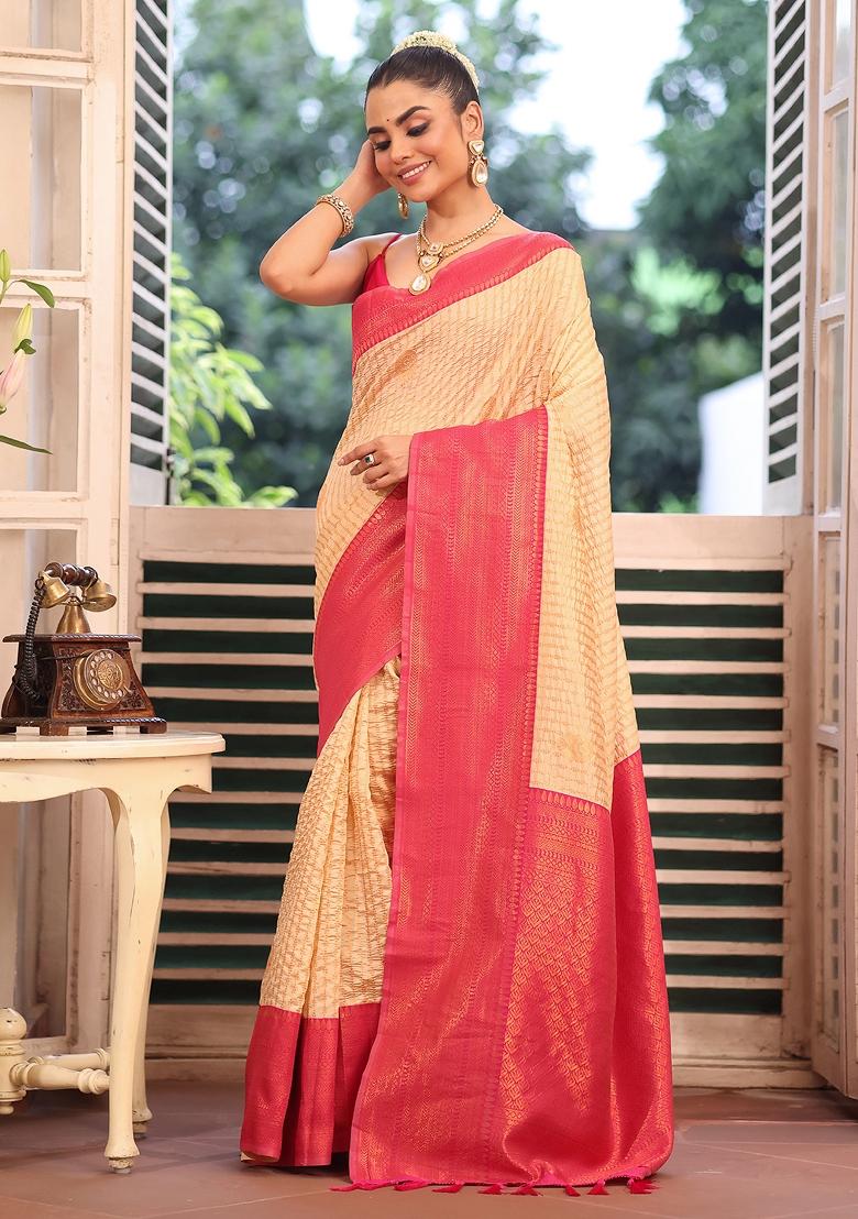 Red Solid Silk Blend Saree Set