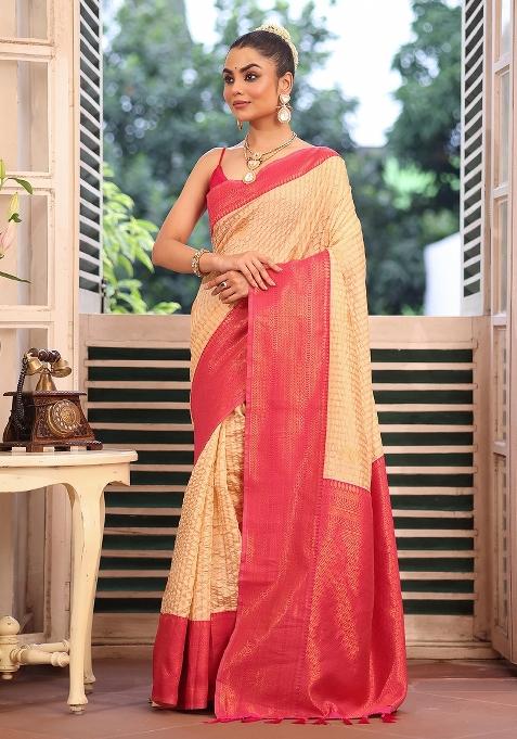 Red Solid Silk Blend Saree Set