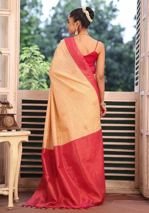 Red Solid Silk Blend Saree Set