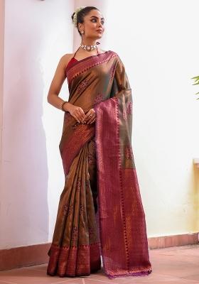 Green Solid Silk Blend Saree Set