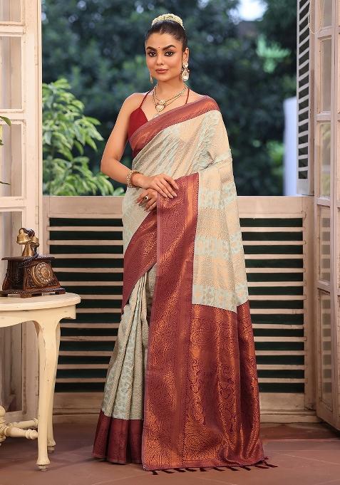 Beige Solid Silk Blend Saree Set