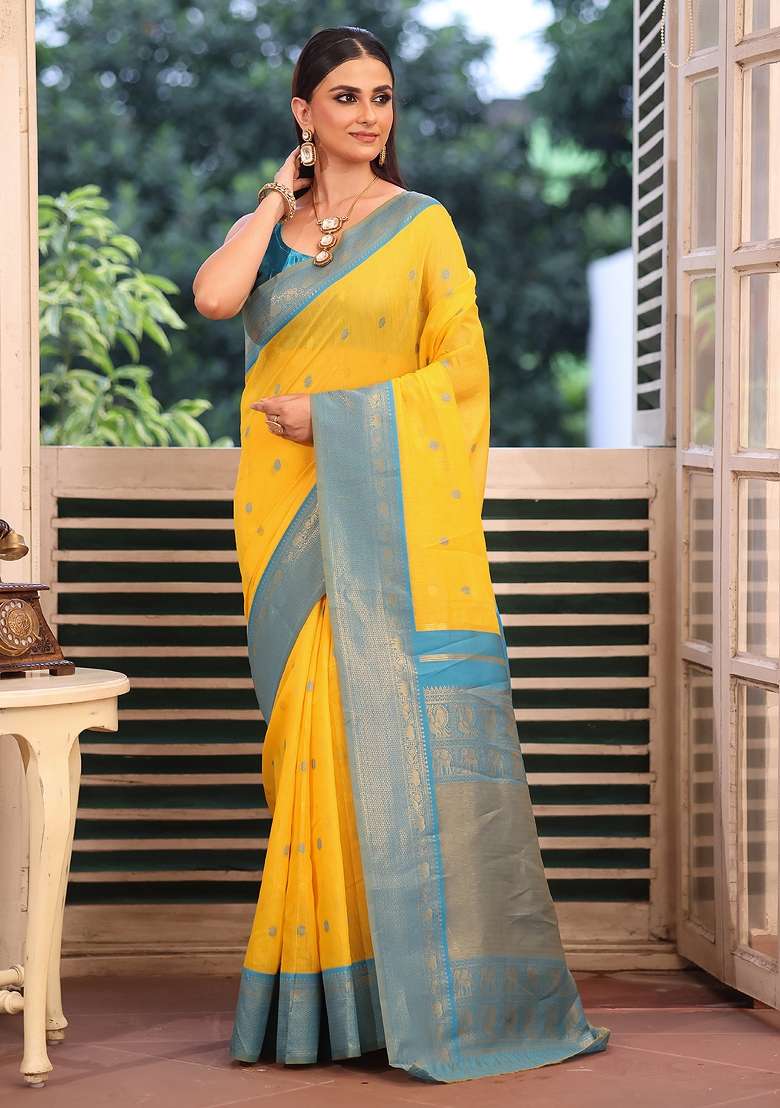 Yellow Solid Silk Blend Saree Set - Indya
