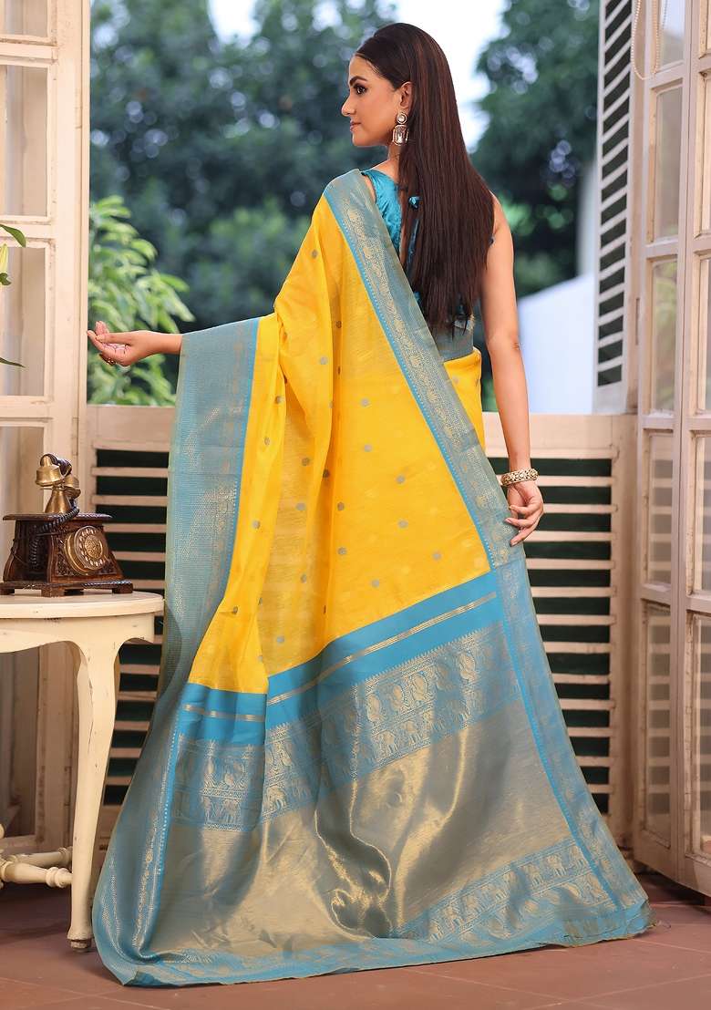 Yellow Solid Silk Blend Saree Set - Indya