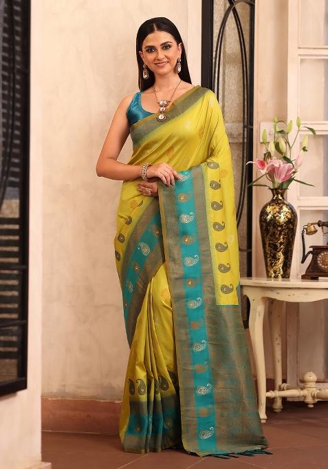 Green Solid Silk Blend Saree Set