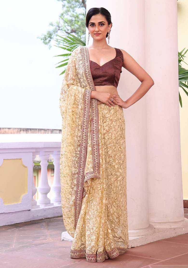 Beige Embroidered Silk Blend Saree Set - Indya