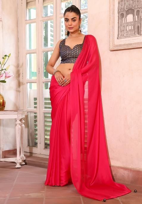 Pink Embellished Silk Blend Saree Set