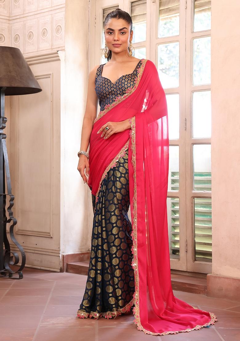 Pink Embellished Silk Blend Saree Set