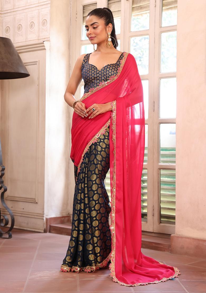 Pink Embellished Silk Blend Saree Set