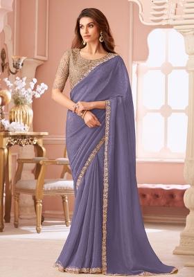Lavender Embroidered Georgette Saree Set