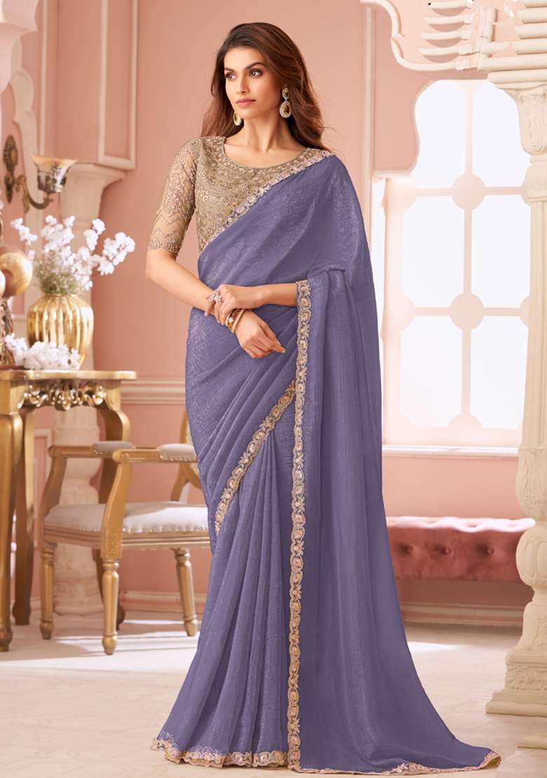 Lavender Embroidered Georgette Saree Set for Diwali and Festive Wear - Indya