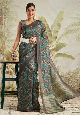 Olive Floral Chanderi Cotton Saree Set
