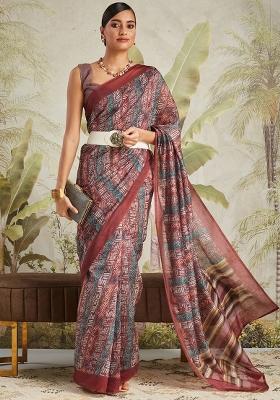 Maroon Abstract Chanderi Cotton Saree Set