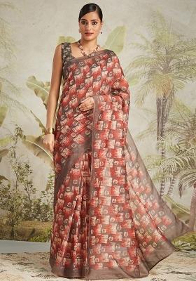 Brown Abstract Chanderi Cotton Saree Set