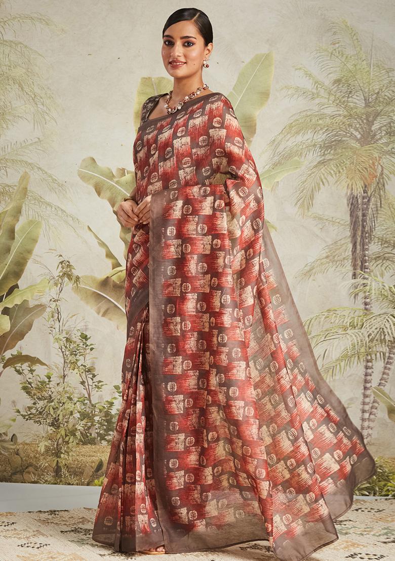 Brown Abstract Chanderi Cotton Saree Set