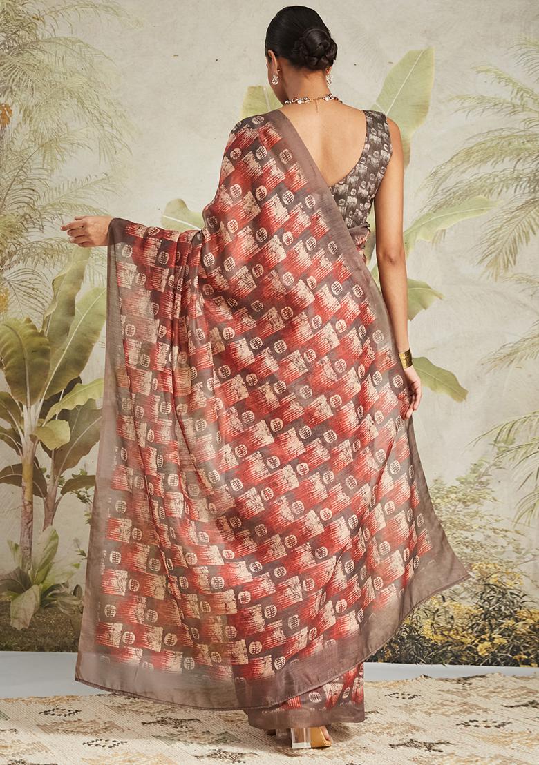Brown Abstract Chanderi Cotton Saree Set
